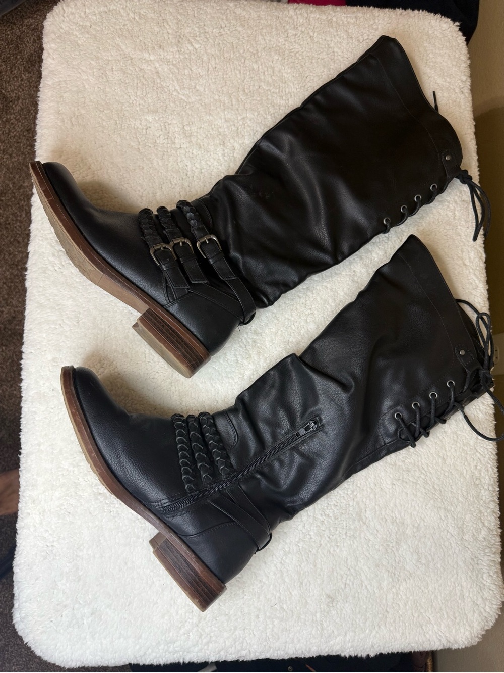 XOXO Black Over-the-Knee Lace-Up Boots with Buckle Straps and Braided Detail